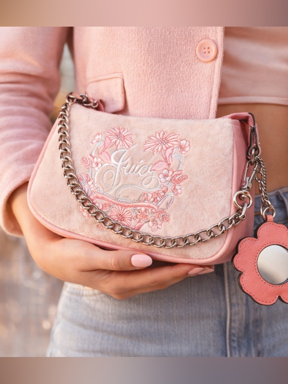 Juicy Couture Bloom Convertible Wristlet‎ Flower Mirror Powder Blush NWT